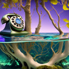 Surreal vintage telephone on mirrored surface with underwater roots and purple sky