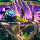 Surreal landscape with mushroom trees and floating islands at twilight