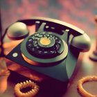 Classic Black Rotary Phone on Wooden Surface with Coiled Cord