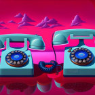 Vintage rotary dial telephones intertwined with cords in surreal pink and red landscape