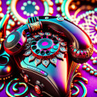 Vibrantly colored psychedelic rotary telephone on surreal background