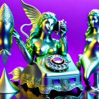 Digital art: Two mermaid figures by an old telephone on purple background