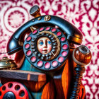 Vintage rotary phone with human-like face on dial against red backdrop