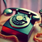 Colorful Vintage Rotary Telephone on Wooden Surface