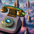 Vintage Rotary Dial Telephone on Surrealist Landscape with Pointed Mountains and Planets