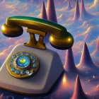 Surreal painting: vintage telephone with galaxy-filled dial pad in fantasy landscape