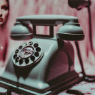 Vintage rotary phone with blurred portrait in dreamy red hue