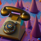 Vintage Golden Telephone with Blue Gem Buttons on Abstract Purple and Orange Background