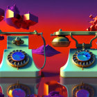 Vintage turquoise telephones on surreal purple islands with flames and fluid shapes on red-purple gradient.