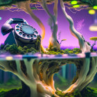 Vintage Rotary Phone on Fantasy Mushroom and Tree Structure with Glowing Elements and Colorful Background