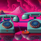 Vintage Rotary Telephones in Turquoise and Blue Colors with Surreal Pink and Purple Landscape