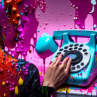 Woman dialing retro telephone in vibrant, paint-dripped setting