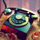 Vintage Telephone with Diamond-Shaped Receiver and Crystal Gems on Wooden Surface