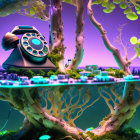Vibrant underwater scene with glowing plant life and futuristic bioluminescent telephone