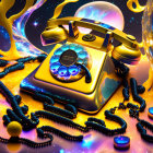 Vintage Golden Rotary Dial Telephone on Cosmic Background