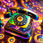 Colorful illustration: Vintage rotary phone on cosmic galaxy background