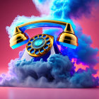 Vintage Gold Rotary Phone with Blue Smoke on Red Background