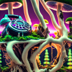 Colorful digital art: Mushrooms, neon hues, bioluminescence, futuristic DJ turntable