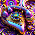Colorful Abstract Digital Artwork with Ornate Rotary Phone and Psychedelic Patterns