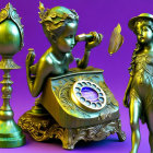 Vibrant artwork of vintage-style statues: girl with rotary phone and girl in hat