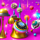 Colorful retro-futuristic illustration with vintage items and stylized planets