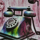 Vintage Green and Purple Rotary Phone with Blurred Background of Blonde Woman