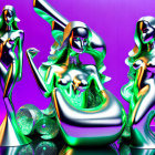 Metallic female figures in futuristic attire on vibrant purple background