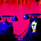 Colorful Artwork: Telephone with Surreal Female Face on Dial, Pink Background