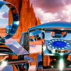 Reflective rotary phone on mirrored surface in surreal desert landscape