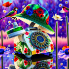 Vibrant floral slot machine with hummingbird in colorful field