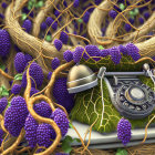 Vintage rotary phone with purple flowers and green foliage - a whimsical blend of technology and nature.