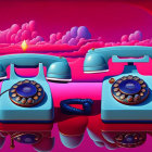 Vintage Blue Rotary Phones Connected in Surreal Landscape