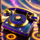 Vintage Blue Rotary Telephone on Cosmic Starry Background