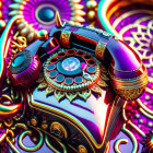 Colorful ornate rotary phone on psychedelic background