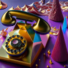 Colorful Retro Rotary Phone on Purple Surface with Abstract Shapes