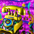 Surreal yellow rotary phone with blue eye in psychedelic backdrop