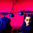 Surreal blue fabric woman with floating desk lamps on red background