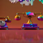 Rotary Telephone and Desk Lamp Dripping Paint on Colorful Background