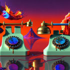 Vintage Rotary Telephones with Surreal Elements on Dramatic Background