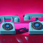 Vintage blue and pink rotary dial telephones on surreal pinkish-purple landscape