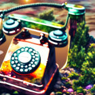 Colorful Abstract Art: Rotary Telephone on Coral Background