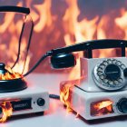Vintage telephones ablaze on hotplates against flames.