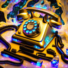 Vintage Golden Rotary Phone with Neon Abstract Backdrop