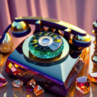 Stylized retro rotary phone with crystal-like structures under warm lighting