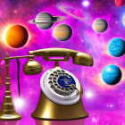 Vintage Rotary Telephone Against Colorful Cosmic Background with Planets and Stars