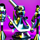Futuristic Metallic Mannequin Heads on Purple Background
