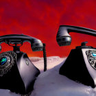 Vintage rotary dial telephones on snow with red sky and silhouetted trees