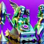 Three metallic female figures posing with vintage telephone and microphone on purple background.