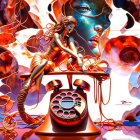 Surreal artwork: metallic female figure on red rotary phone in cosmic setting