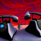 Vintage phones with lifted handset against red sky and snowy landscape